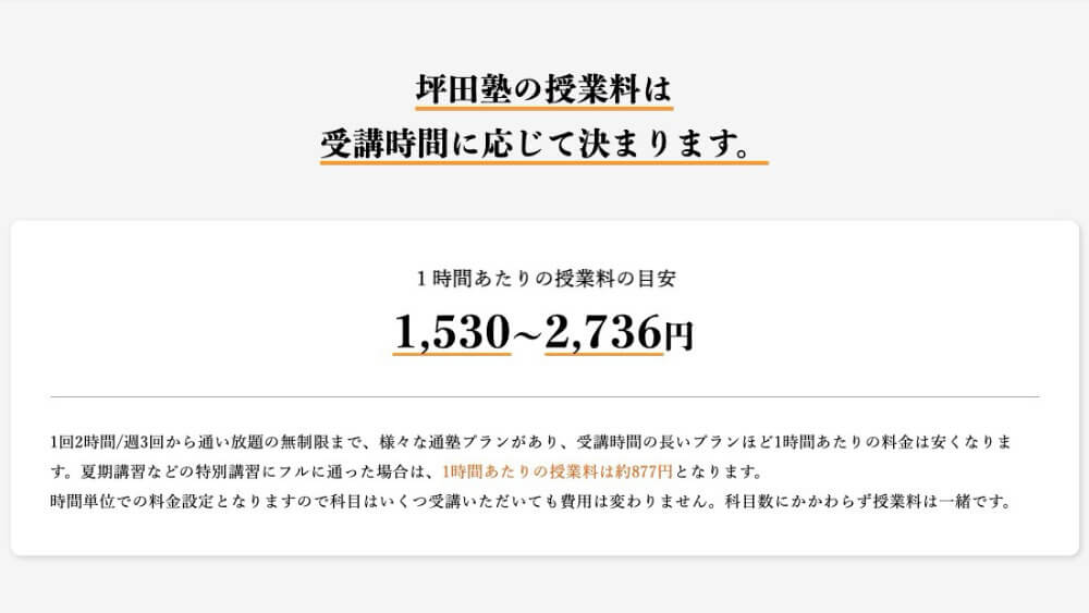 坪田塾の授業料は受講時間に応じて決まります。